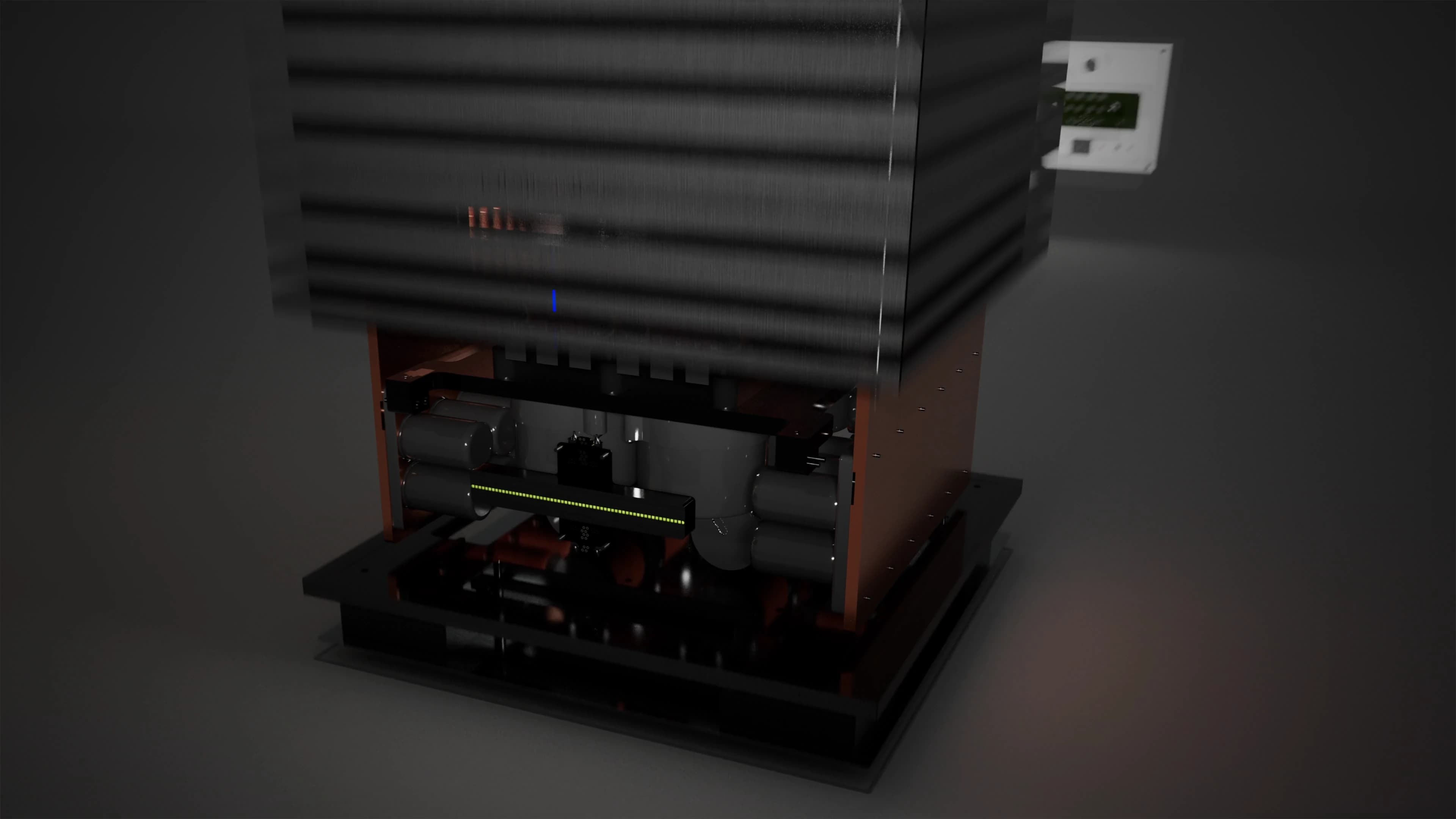 Exploded view of the UBICUBE, its amplifier modules and copper heat spreader lifting out of the chassis