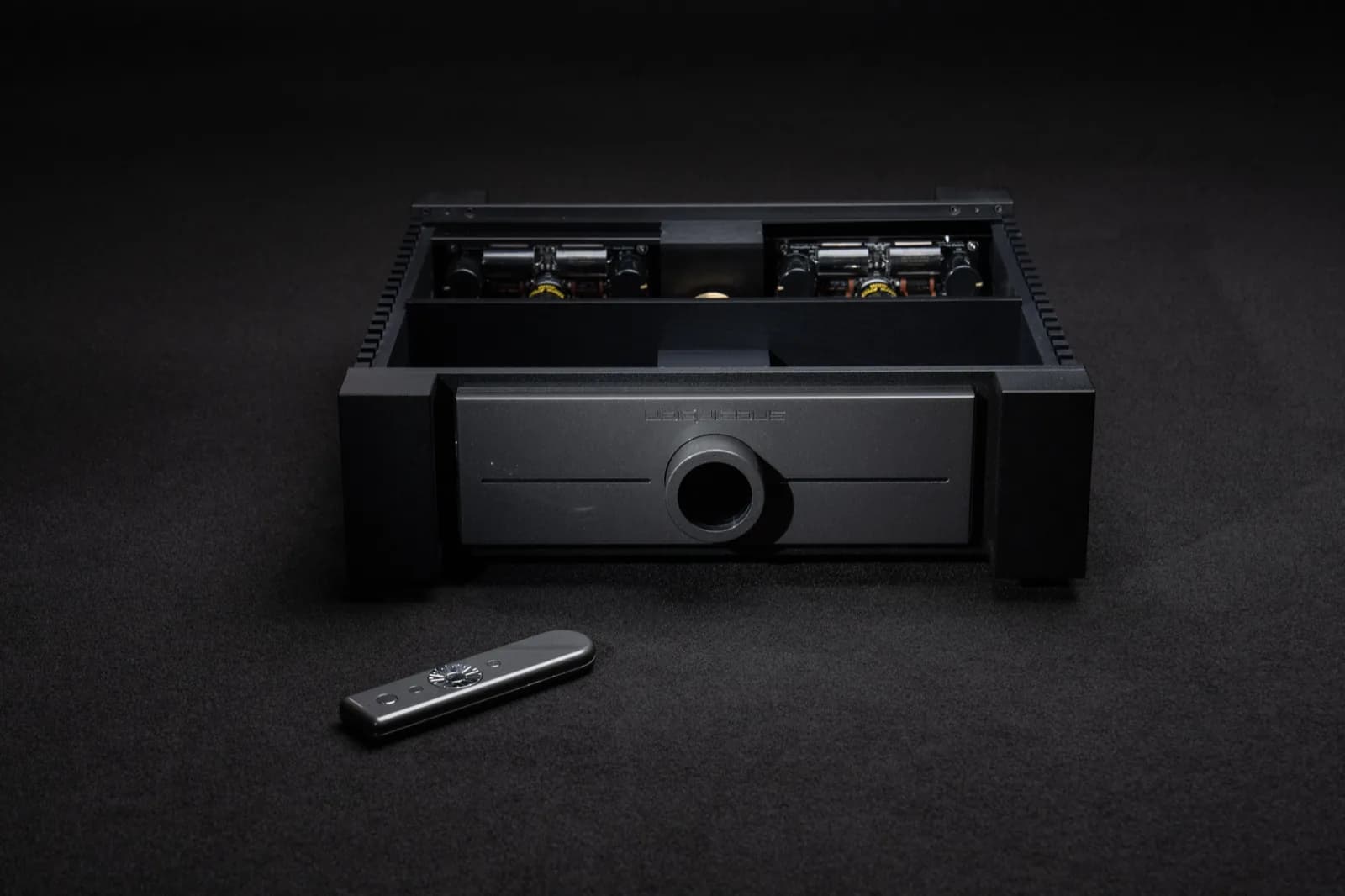 UBIQUITOUS 300B with its top open, the two 300B tubes visible, beside its remote control